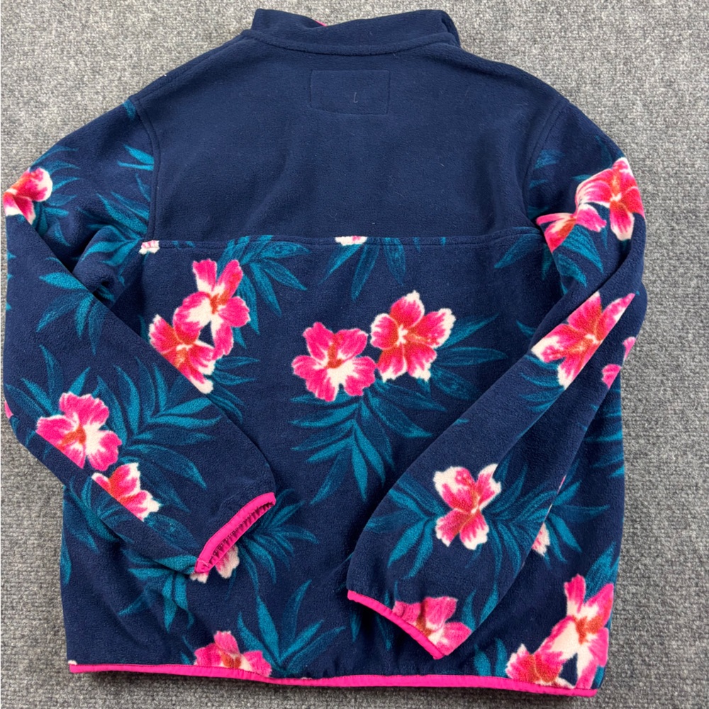 LANDS END Girls Heritage Fleece Snap Neck Sweatshirt Blue/Pink Floral Hibiscus M - Picture 2 of 7